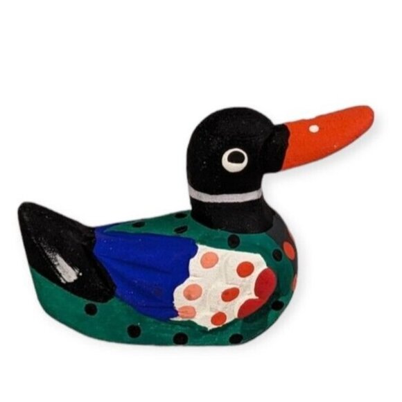 Handpainted Duck Wooden Carving Folk Art Decoy Miniature Colorful Figure Tiny - Picture 1 of 14